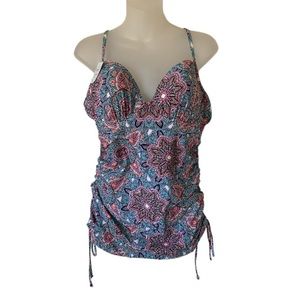 Spanx By Love Your Assets Padded Underwire Push Up Tankini Swim Top Blue Pink XL